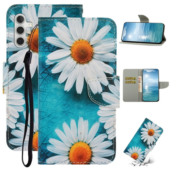 SaniMore for Samsung Galaxy S23 FE Wallet Case, Painted PU Leather for Women Men Wrist Strap Magnetic Clasp Card Slots All-around Protective Shockproof Anti-fall Stylish Stand Shell, Chrysanthemum