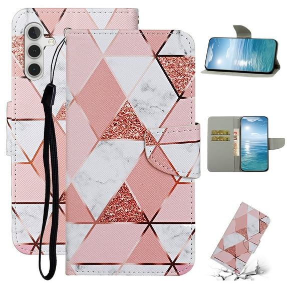 SaniMore for Samsung Galaxy S23 FE Wallet Case, Painted PU Leather for Women Men with Wrist Strap Magnetic Clasp Card Slots All-around Protective Shockproof Anti-fall Stylish Stand Shell, H-Marble