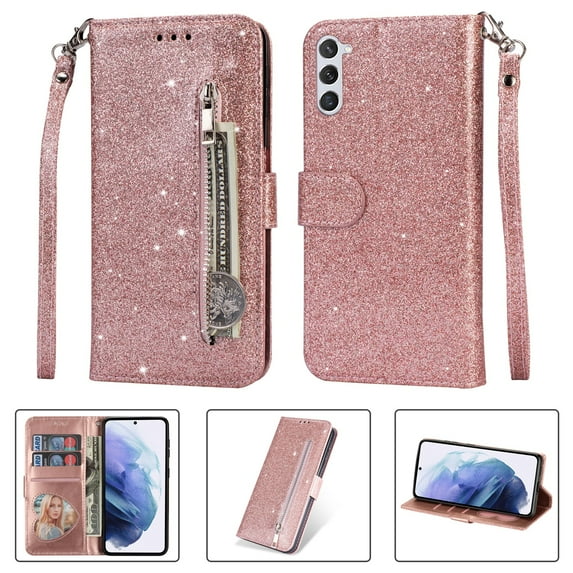 SaniMore for Samsung Galaxy S23 PU Leather Case, Magnetic Closure Flip Zipper Wallet Glitter Cover with Wrist Strap Card Slot & Kickstand Shockproof Protective Shell for Girls Ladies, Rosegold