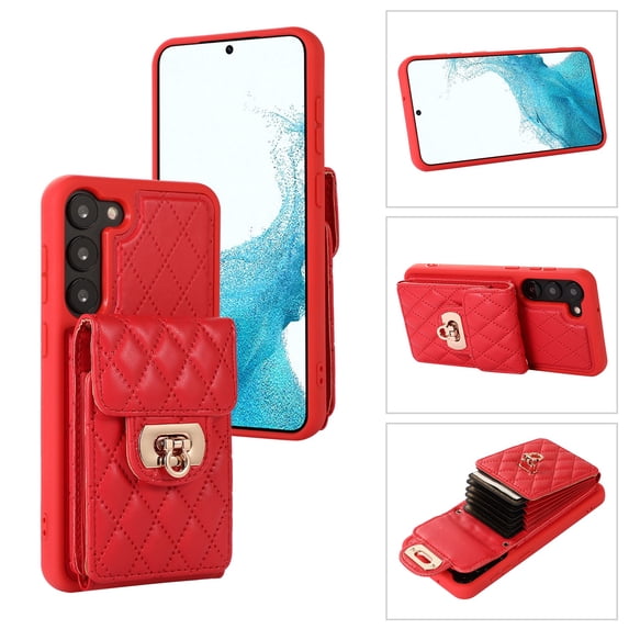 SaniMore for Samsung Galaxy S23 PU Leather Case, Multi-Functional Metal Snap Wallet Cover with Card Slot & Kickstand Shoulder Strap Full Body Protective Shell for Samsung S23, Red