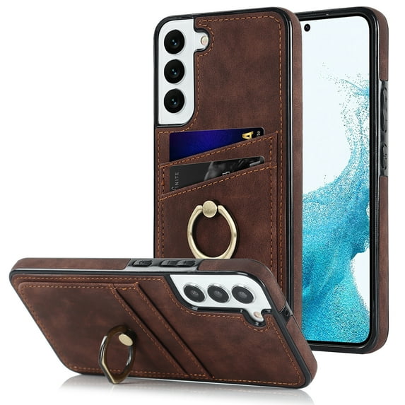SaniMore for Samsung Galaxy S23 PU Leather Case, Wallet Cover Built-in 2 Card Slots & 360° Rotatable Ring Kickstand 360° All-Inclusive Protective Shell for Samsung S23, Coffee