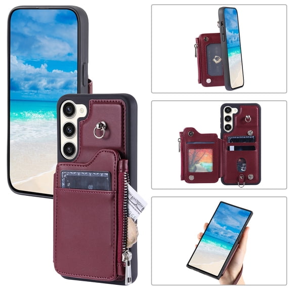 SaniMore for Samsung Galaxy S23 PU Leather Case, Zipper Purse RFID Blocking 4 Card Slots Removeable Wrist Strap Protective Handbag Flip Cover Stylish Shockproof for Girls Women, Winered