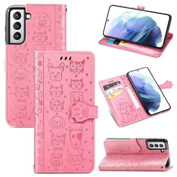 SaniMore for Samsung Galaxy S23 PU Leather Flip Wallet Case, Cat Dog Cartoon Cute Style with ID Card Holder Kickstad Cover Case with Wrist Strap for Galaxy S23 6.1" 2023, Pink