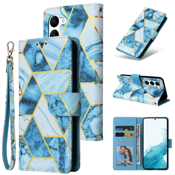 SaniMore for Samsung Galaxy S23 Plus 2023 Case, PU Leather Luxury Marble Flip Cover with Detachable Wrist Strap Card Slot Kickstand Shockproof Magnetic Buckle Protective Shell for S23 Plus, Blue