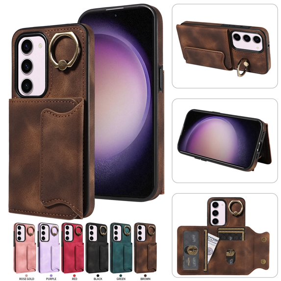 SaniMore for Samsung Galaxy S23 Plus (6.6" 2023) Case, PU Leather Skin Shockproof Bumper Flip Purse RFID Blocking Metal Ring Stand Shell, Card Holder Cash Pocket Anti-drop Cover, Brown