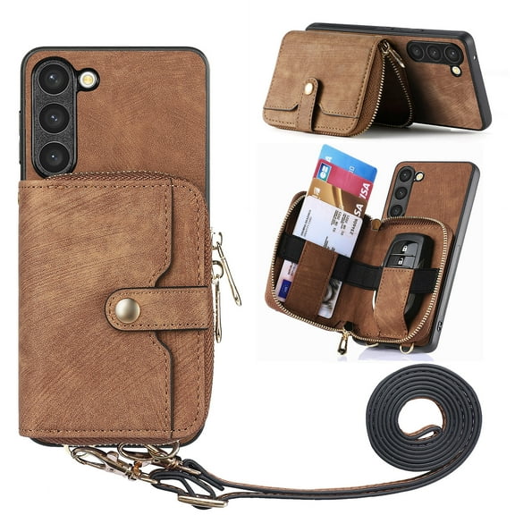 SaniMore for Samsung Galaxy S23 Plus (6.6" 2023) Case,Wear-resistant PU Leather Skin + Zipper Purse Card Slots Removeable Crossbody Lanyard Stand Shell Shockproof Anti-scratch Drop-resistant, Brown