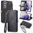 thumbnail image 1 of SaniMore for Samsung Galaxy S23 Plus (6.6") Case, PU Leather Embossed Lines Wristlet Zipper Cash Pocket Card Slots Magnetic Flip Stand Full Protective TPU Shell Anti-drop Business Design, Black, 1 of 10