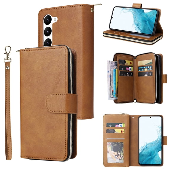 SaniMore for Samsung Galaxy S23 Plus Case, 3 in 1 Zipper Purse Cover + Card Slots + Kickstand + Detachable Lanyard Comprehensive Protective Shockproof Anti-drop Shell For Galaxy S23 Plus, Brown