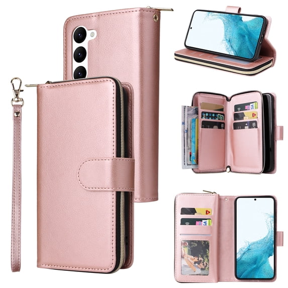 SaniMore for Samsung Galaxy S23 Plus Case, 3 in 1 Zipper Purse Cover + Card Slots + Kickstand + Detachable Lanyard Comprehensive Protective Shockproof Anti-drop Shell For Galaxy S23 Plus, Rosegold