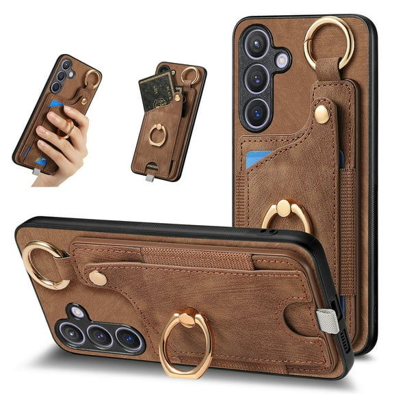 SaniMore for Samsung Galaxy S23 Plus Case, Card Slots [Up to 2] Carabiner Finger Ring Stand Magnetic Car Mount PU Leather Skin Soft Shockproof TPU Anti-drop Anti-scratch Wallet Shell -Brown