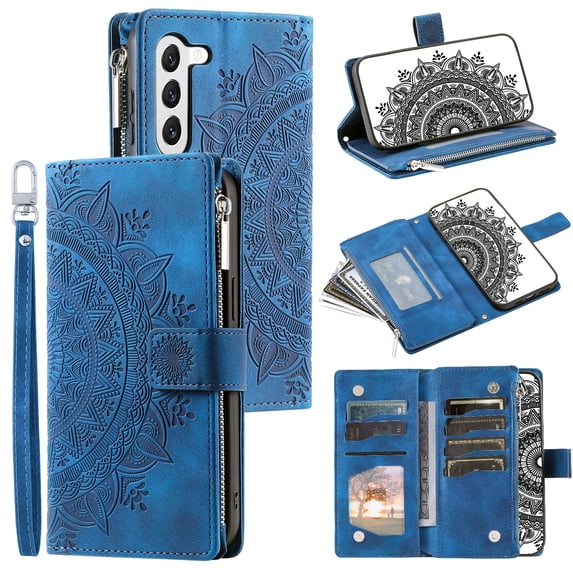 SaniMore for Samsung Galaxy S23 Plus Case, Luxury PU Leather Skin with Emboss Totem Detachable Crossbody Strap + Zipper Cash Pokcet Card Holder Flip Kickstand Wallet Cover For Galaxy S23 Plus, Blue