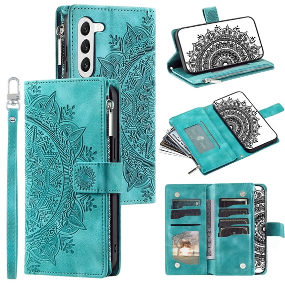 SaniMore for Samsung Galaxy S23 Plus Case, Luxury PU Leather Skin with Emboss Totem Detachable Crossbody Strap + Zipper Cash Pokcet Card Holder Flip Kickstand Wallet Cover For Galaxy S23 Plus, Green