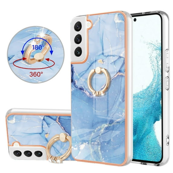 SaniMore for Samsung Galaxy S23 Plus Case, Marble Pattern 3 in 1 Heavy Duty Shockproof Full Body Hard PC+IMD Bumper Drop Protective Women Girls Cover Rotating Ring Bracket Stand, Blue