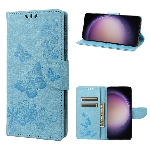 SaniMore for Samsung Galaxy S23 Plus Case with Wrist Strap, Butterfly Embossed Magnetic Card Slot & Cash Bag Shockproof PU Leather Flip Folding Wallet Kickstand for Samsung S23 Plus, Blue