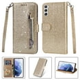 thumbnail image 1 of SaniMore for Samsung Galaxy S23 Plus PU Leather Case, Magnetic Closure Flip Zipper Wallet Glitter Cover with Wrist Strap Card Slot & Kickstand Shockproof Protective Shell for Girls Ladies, Gold, 1 of 6