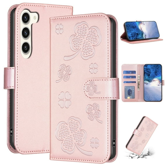 SaniMore for Samsung Galaxy S23 Plus Wallet Case, PU Leather Embossed Flower Adjustable Stand Card Slots Cash Pocket Business Shell Styllish Full Protective Shockproof Anti-drop Retro Design, BlPink