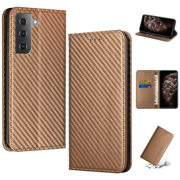 SaniMore for Samsung Galaxy S23 Plus Wallet Case, Wrist Strap Magnetic Clasp, Card Slots Carbon Fibre Skin Shockproof TPU Anti-drop Anti-scractch Stand Business Full Body Protective Shell, Brown