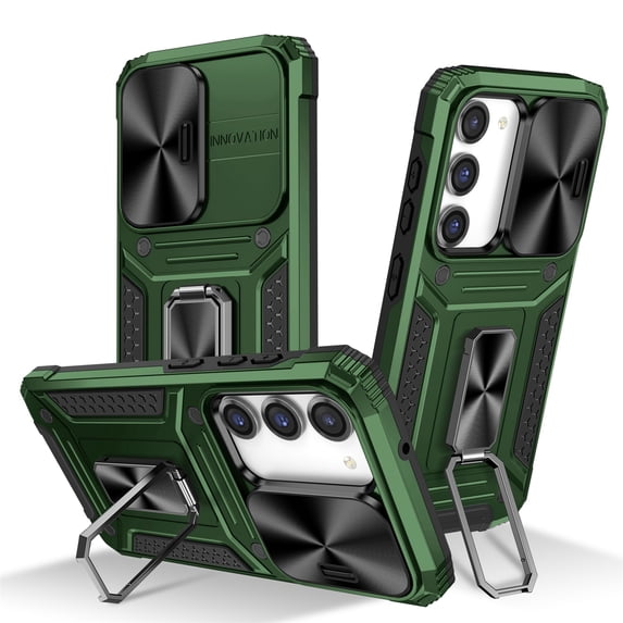 SaniMore for Samsung Galaxy S23 Stand Case, Slide Camera Cover 360 Degree Rotating Kickstand Magnetic Car Mount Hybird Tri-layer Rugged Shell Military-grade Shockproof Anti-drop Cover, Darkgreen