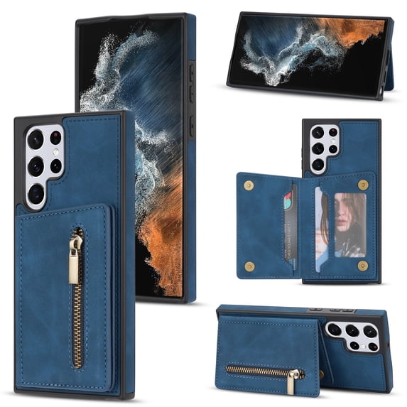 SaniMore for Samsung Galaxy S23 Ultra 2023 Back Case with Zipper Card Pokcet Flip Wallet/Kickstand Shock Absorption Anti-fall Retro PU Leather Wear-resistant Shell For Galaxy S23 Ultra, Blue