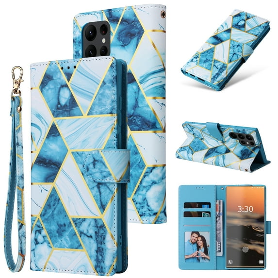 SaniMore for Samsung Galaxy S23 Ultra 2023 Case, PU Leather Luxury Marble Flip Cover with Detachable Wrist Strap Card Slot Kickstand Shockproof Magnetic Buckle Protective Shell for S23 Ultra, Blue