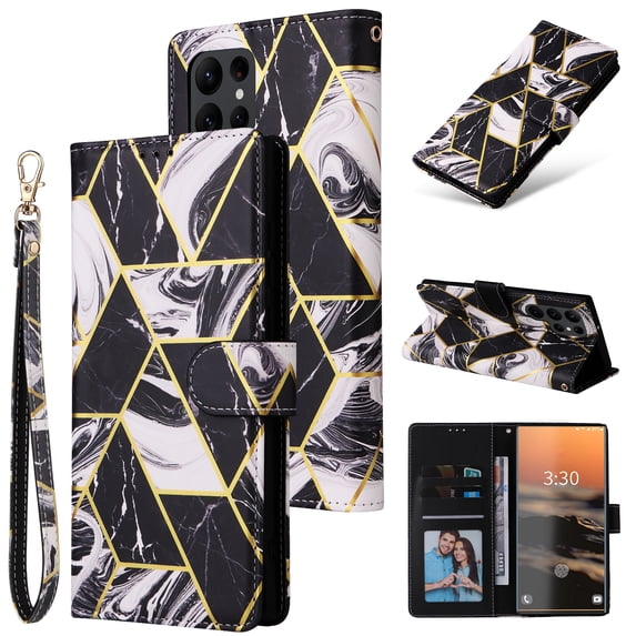 SaniMore for Samsung Galaxy S23 Ultra 2023 Case, PU Leather Luxury Marble Flip Cover with Detachable Wrist Strap Card Slot Kickstand Shockproof Magnetic Buckle Protective Shell for S23 Ultra, Black