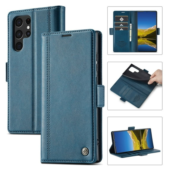 SaniMore for Samsung Galaxy S23 Ultra 2023 Case, PU Leather Magnetic Flip Folio Shell with Card Holders RFID Blocking Kickstand Shockproof TPU Magnetic Closure Business Cover, Blue