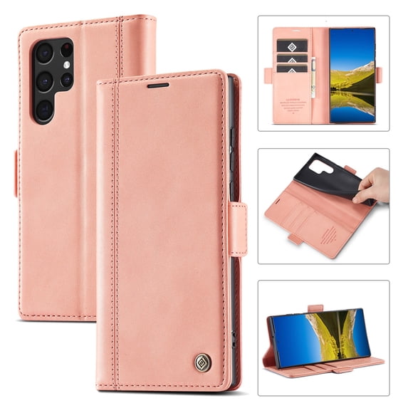 SaniMore for Samsung Galaxy S23 Ultra 2023 Case, PU Leather Magnetic Flip Folio Shell with Card Holders RFID Blocking Kickstand Shockproof TPU Magnetic Closure Business Cover, Rosegold