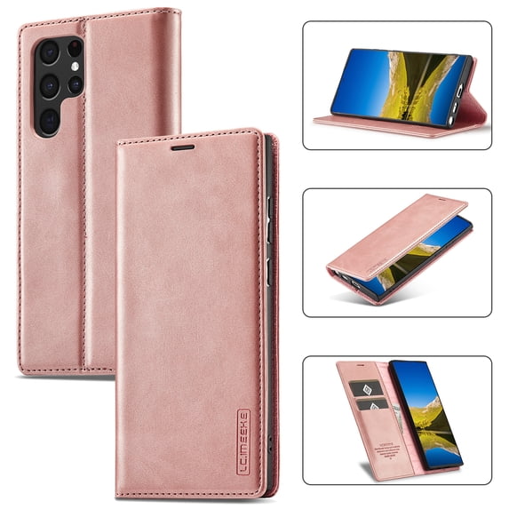 SaniMore for Samsung Galaxy S23 Ultra 2023 Case, Prumiem PU Leather Wallet Kickstand Cover Magnetic Flip Design Card Slots Shockproof Anti-drop TPU Full Body Protective Shell, Rosegold