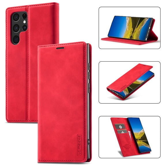 SaniMore for Samsung Galaxy S23 Ultra 2023 Case, Prumiem PU Leather Wallet Kickstand Cover Magnetic Flip Design Card Slots Shockproof Anti-drop TPU Full Body Protective Shell, Red