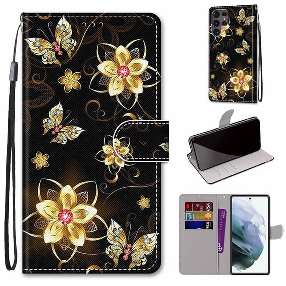 SaniMore for Samsung Galaxy S23 Ultra 2023 PU Leather Case with Card Slots Detchable Lanyard Color Painting Luxury Pattern Flip Kickstand Shcokproof Wallet Case For Galaxy S23 Ultra, Gold Flower