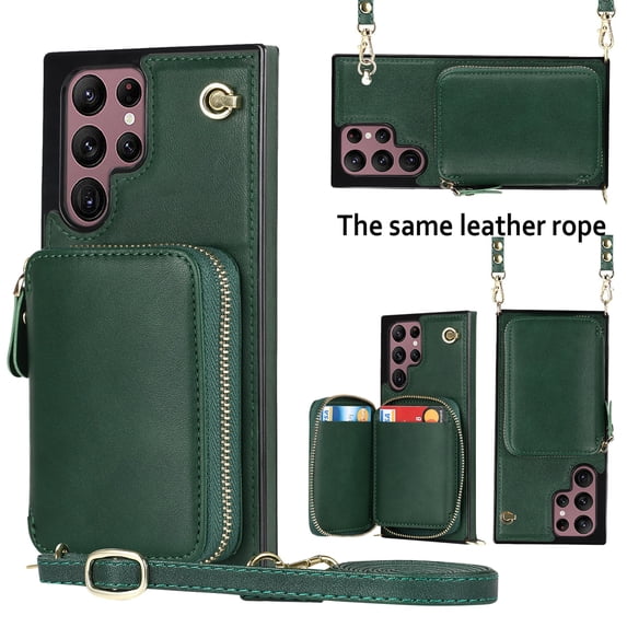 SaniMore for Samsung Galaxy S23 Ultra 6.8" 2023 Case Back Zipper Wallet Flip Kicktsand Crossbody Shoulder Strap Retro PU Leather Wear-resistant Shockproof Anti-drop Cover for Girls Women, Darkgreen