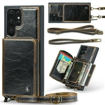 SaniMore for Samsung Galaxy S23 Ultra 6.8" 2023 Case, [Crossbody/Wrist Strap][Zipper Flip Wallet][Card Slots][Rifid Layer] PU Leather Retro 360°Protective Shockproof Cover for Galaxy S23 Ultra, Coffee