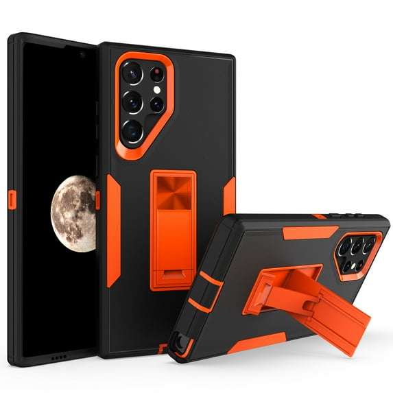 SaniMore for Samsung Galaxy S23 Ultra 6.8" 2023 Case, Hidden Bracket Magnetic Car Holder Dust Cover 3-layer Heavy Duty Protective Rugged Anti-fall Shock Absorption Cover, Black/Orange