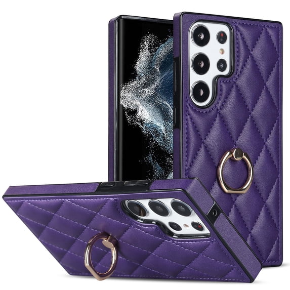 SaniMore for Samsung Galaxy S23 Ultra 6.8" 2023 Case, PU Leather Case with Luxury Fashion Lattice for Girls Women 360° Rotating Metal Ring/Kickstand Shockproof Durable Case For S23 Ultra, Purple