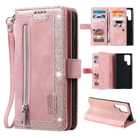 SaniMore for Samsung Galaxy S23 Ultra 6.8" 2023 Case, Prumium PU Leather Zipper Wallet Card Slots Cash Pocket Flip Kickstand Lanyard Anti-drop Shcokproof Full Body Wrap Business Case, Rosegold