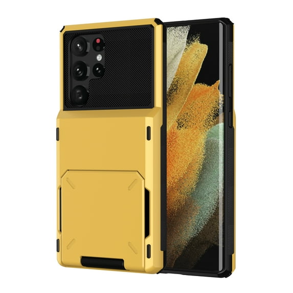 SaniMore for Samsung Galaxy S23 Ultra 6.8" 2023 Case, Shockproof Drop Resisatnt Flip Card Slots Wallet Bracket Rugged PC Back + Soft TPU Bumper Anti-scratch Heavy Duty Protective Slim Case, Yellow