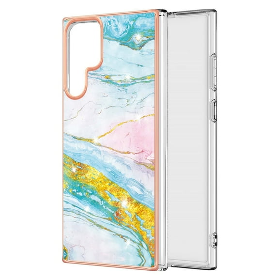 SaniMore for Samsung Galaxy S23 Ultra 6.8" 2023 Case with Wireless Charging Shockproof TPU Backplane Glitter Marble Pattern Fashion Design Anti-drop Anti-fingerprint Skin-feel Cover, Green//Pink