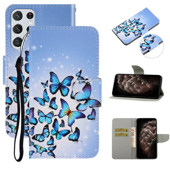 SaniMore for Samsung Galaxy S23 Ultra 6.8" 2023 Wallet Case, Color Painting Pattern with Kickstand Card Slots Detachable Wrist Strap Girls Women PU Leather Case Magnetic Clasp, Butterflies
