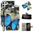 thumbnail image 1 of SaniMore for Samsung Galaxy S23 Ultra 6.8" 2023 Wallet Case, Color Painting Pattern with Kickstand Card Slots Detachable Wrist Strap Girls Women PU Leather Case Magnetic Clasp, Blue Butterfly, 1 of 8