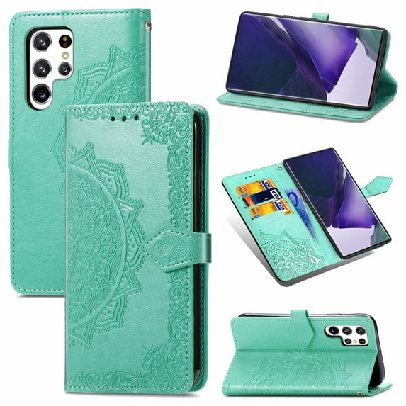 SaniMore for Samsung Galaxy S23 Ultra 6.8" 2023 Wallet Case with Embossed Mandala PU Leather Flip Protection Wrist Strap Credit Card Holder Pocket Kickstand Shockproof Shell For S23 Ultra, Green