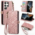 thumbnail image 1 of SaniMore for Samsung Galaxy S23 Ultra (6.8") Case, PU Leather Embossed Lines Wristlet Zipper Cash Pocket Card Slots Magnetic Flip Stand Full Protective TPU Shell Anti-drop Business Design, Pink, 1 of 10