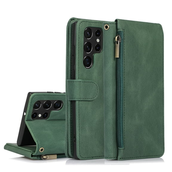 SaniMore Samsung Galaxy S23 Ultra Case (6.8" 2023) with Zipper Wallet & Wrist Strap & Magnetic Closure Card Slots Kickstand Slim Full-around Protective Business Cover for Galaxy S23 Ultra, Darkgreen