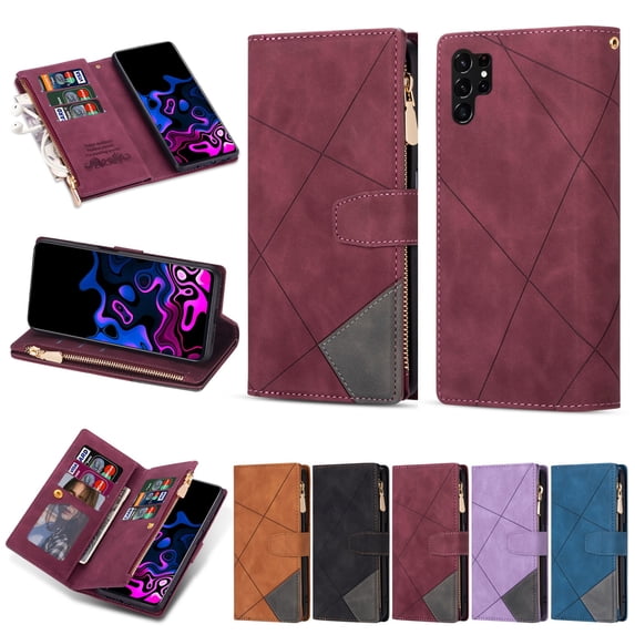 SaniMore for Samsung Galaxy S23 Ultra Case with Card Slot, Line Stitching Metal Button Zipper Wallet PU Leather Cover with Folio Flip Kickstand + Hand Strap Shockproof Protective Shell, Winered