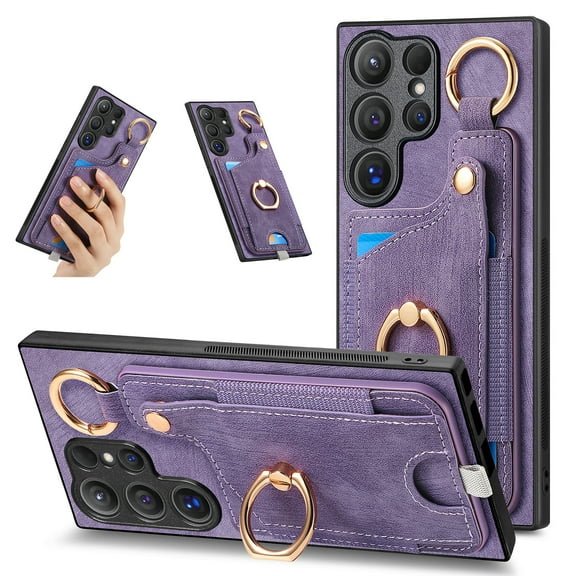 SaniMore for Samsung Galaxy S23 Ultra Case, Card Slots [Up to 2] Carabiner Finger Ring Stand Magnetic Car Mount PU Leather Skin Soft Shockproof TPU Anti-drop Anti-scratch Wallet Shell -Purple