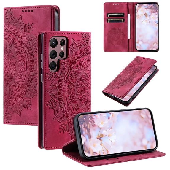 SaniMore for Samsung Galaxy S23 Ultra Case, PU Leather Embosed Mandala Flower Wallet Protective Phone Cover Card Slots Pocket Purse Women Men Kickstand Vintage Shockproof Anti-fall Shell, Red