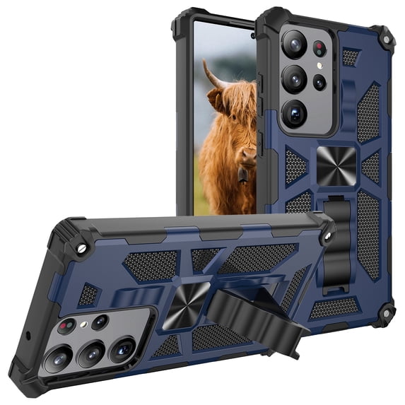 SaniMore for Samsung Galaxy S23 Ultra Case, Rugged PC CD Magnetic Cover Built-in Car Mount & Folding Kickstand Military Grade Shockproof Heavy Duty Protective Shell for Samsung S23 Ultra, Blue