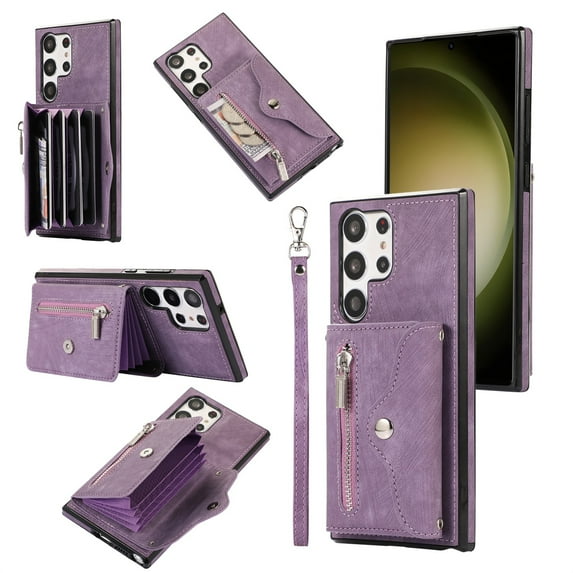SaniMore for Samsung Galaxy S23 Ultra Case, Samsung Galaxy S23 Ultra Wallet Case for Women Men, PU Leather RFID Blocking Wristlet Zipper Shoulder Strap Cover with Card Holder Kickstand, Purple