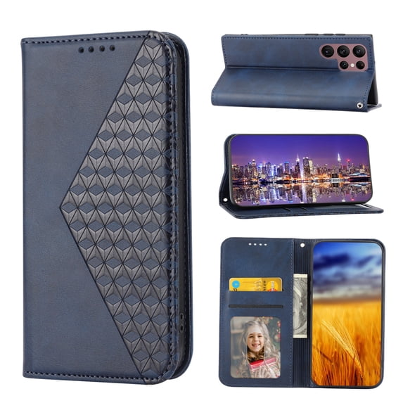 SaniMore for Samsung Galaxy S23 Ultra PU Leather Case RFID Blocking, Magnetic Closure Flip Wallet Cover with Wrist Strap Card Slot & Multi-Angle Kickstand All-Inclusive Protective Shell, Blue