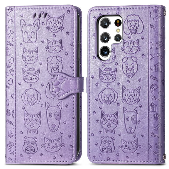 SaniMore for Samsung Galaxy S23 Ultra PU Leather Flip Wallet Case, Cat Dog Cartoon Cute Style with ID Card Holder Kickstad Cover Case with Wrist Strap for Galaxy S23 Ultra 6.8" 2023, Purple