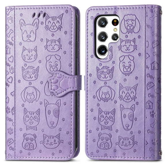 SaniMore for Samsung Galaxy S23 Ultra PU Leather Flip Wallet Case, Cat Dog Cartoon Cute Style with ID Card Holder Kickstad Cover Case with Wrist Strap for Galaxy S23 Ultra 6.8" 2023, Purple